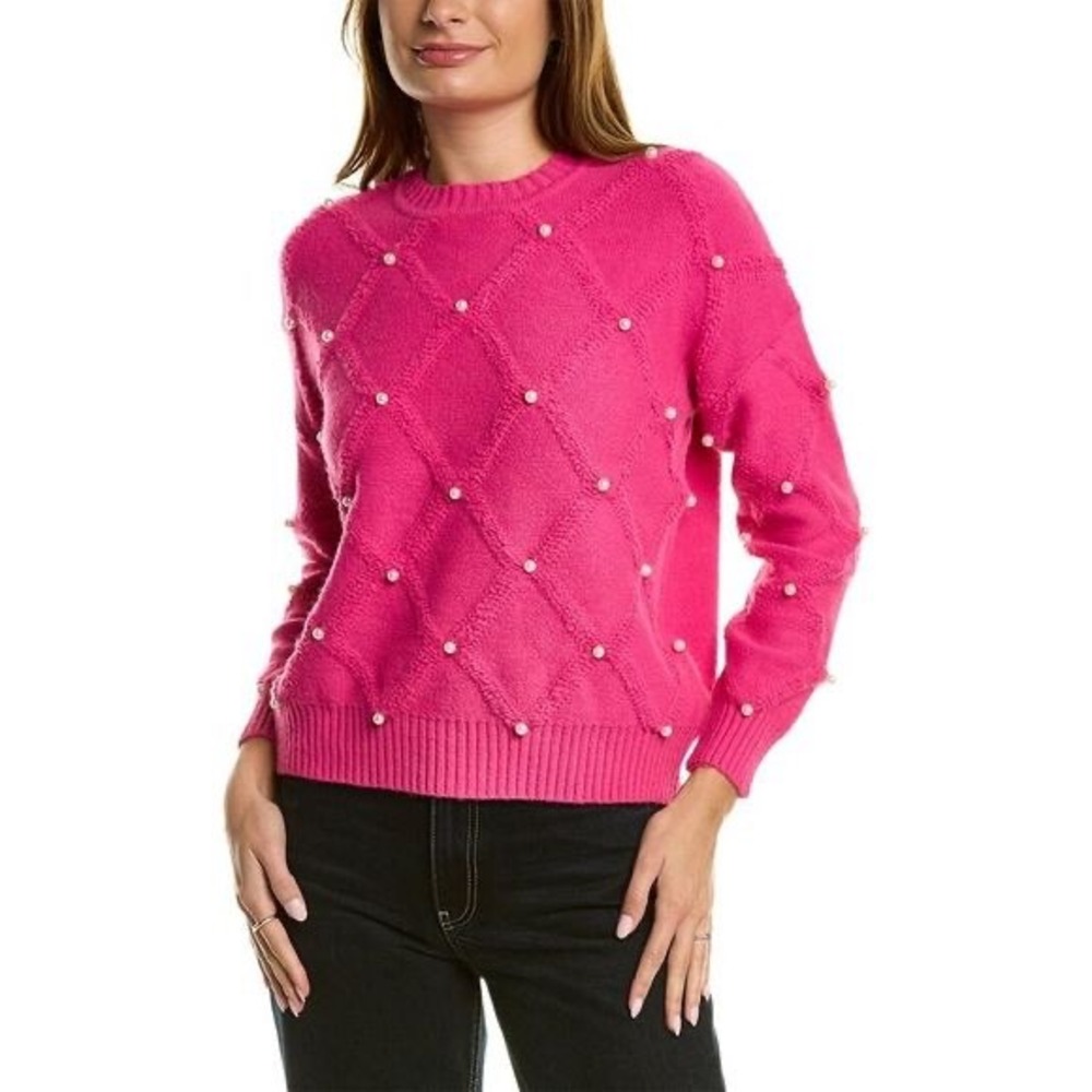 Nanette Lepore Hot Pink Rhinestone Knit Crewneck Sweater XL Feminine Barbiecore